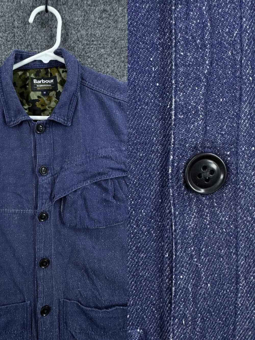 Barbour Selvedge Blue Logo Medium Solid Long Sleeve Shirt Pocket Biker Button Up